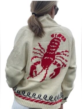 Red Lobster Coastal Knit Cardigan Sweater Nautical Preppy Beachy
